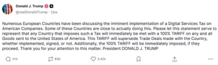트럼프 “디지털세 부과국에 100% 관세”…EU 정조준